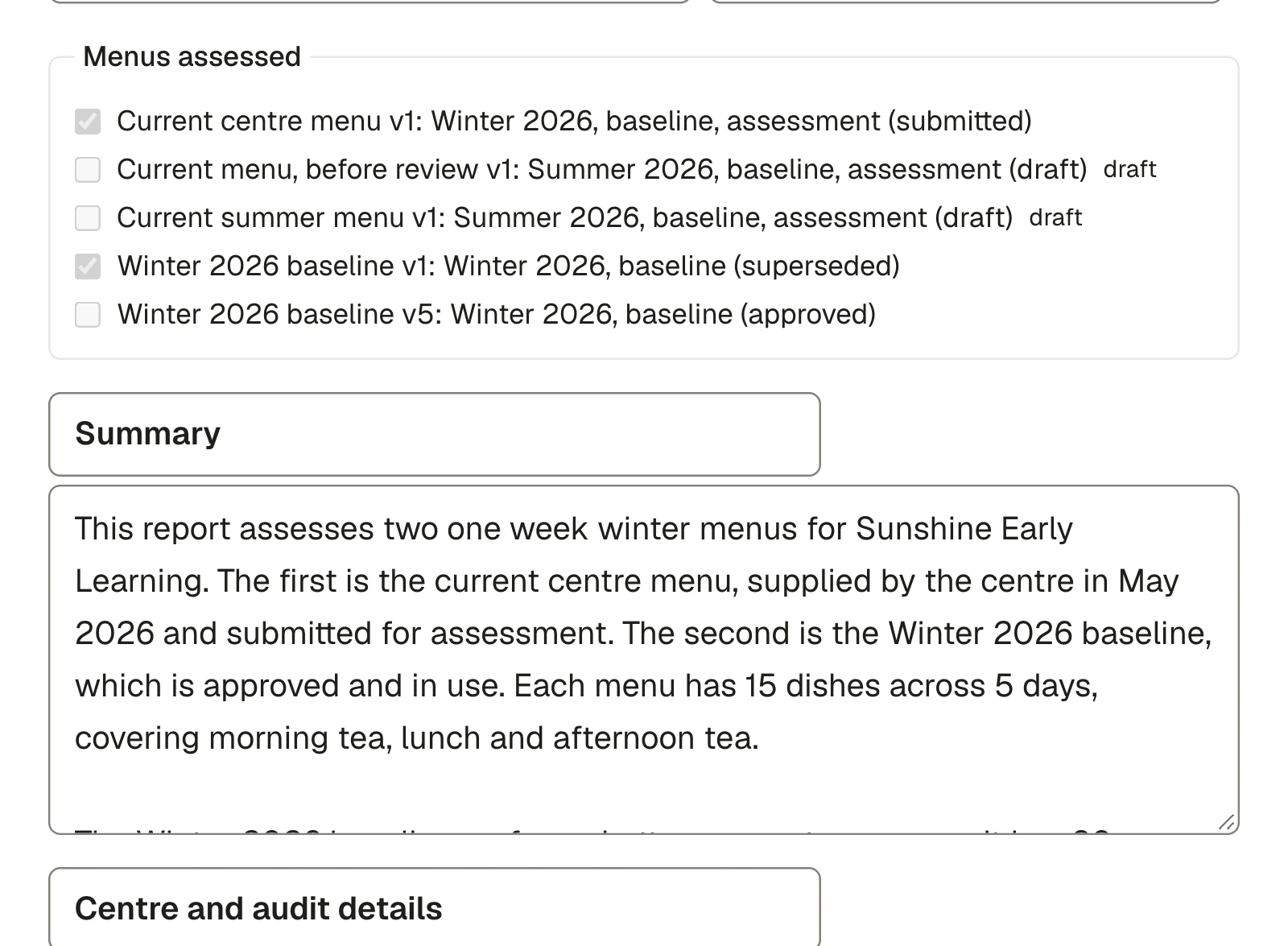 An assessment report with its summary and the menus it assesses.
