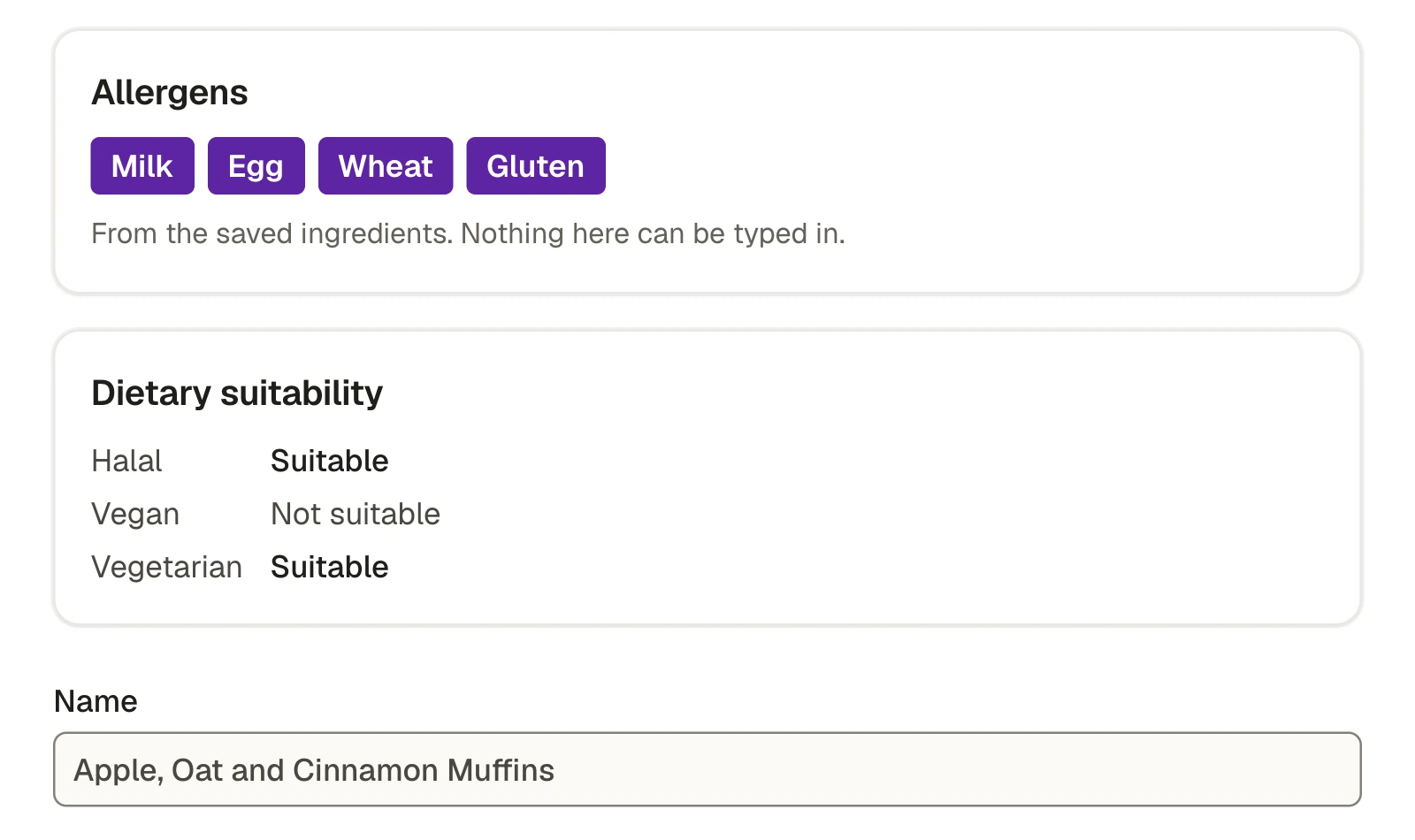A recipe's allergens and dietary suitability, worked out from its ingredients.