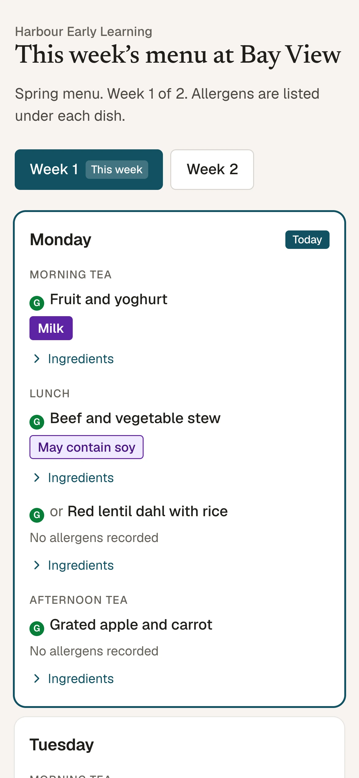 A parent page on a phone: Monday's morning tea, lunch and afternoon tea with allergens under each dish.